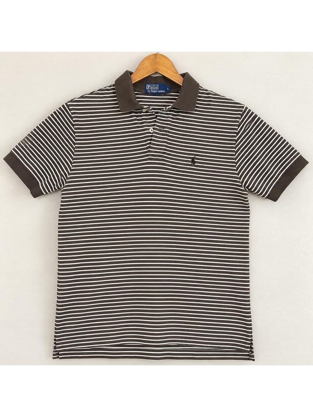 Polo Ralph Lauren Brown & White Horizontal Striped Polo Shirt Size L vintage !